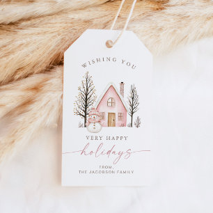 BLAIR Cute Pink House Snowman Happy Holidays Gift Tags