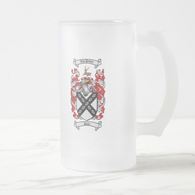 BLAIR FAMILY CREST -  BLAIR COAT OF ARMS FROSTED GLASS BEER MUG (Right)