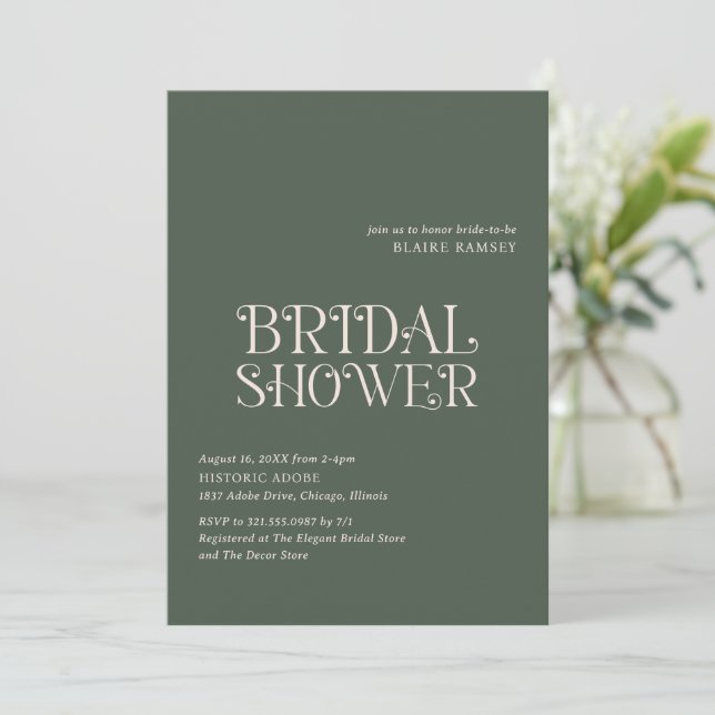 Blaire Moss Green Modern Bridal Shower Invitation (Standing Front)