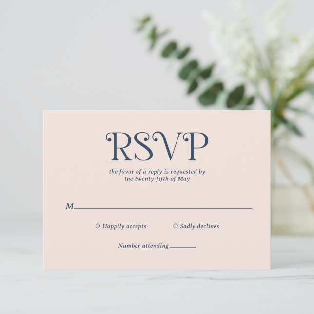 Blaire Navy Blue Modern Wedding RSVP Card (Standing Front)