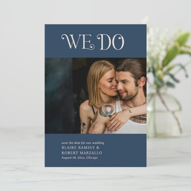 Blaire Navy Blue Modern Wedding Save The Date (Standing Front)
