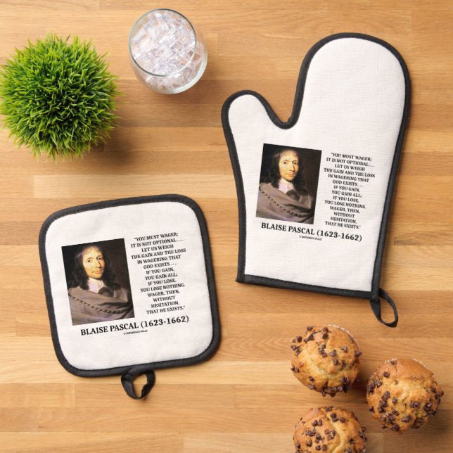 Blaise Pascal Gain Loss Wagering God Exists Quote Oven Mitt & Pot Holder Set (Top Down)