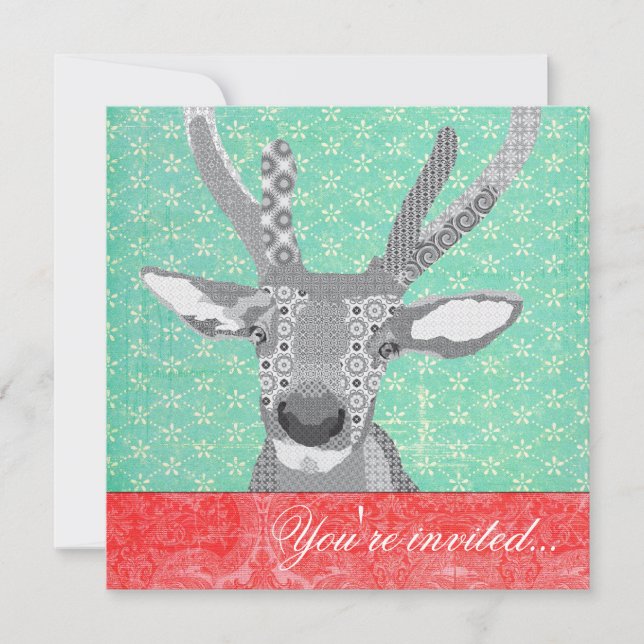 Blak & White Reindeer Turquoise Red Invitation (Front)