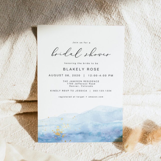 BLAKELY Ocean Blue Watercolor Gold Bridal Shower Invitation (Creator Uploaded)