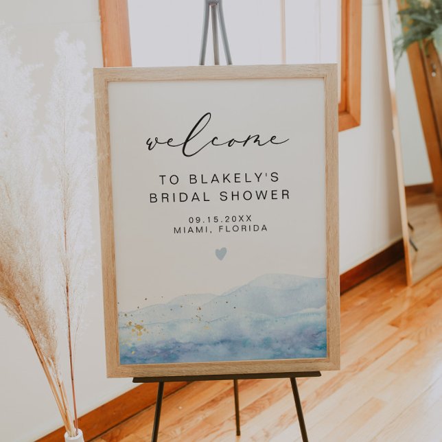 BLAKELY Sky Blue Watercolor Gold Bridal Shower Poster (Creator Uploaded)