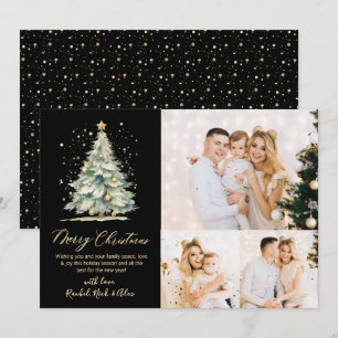 Blalck Gold Watercolor Christmas Tree 3 Photo  Holiday Card