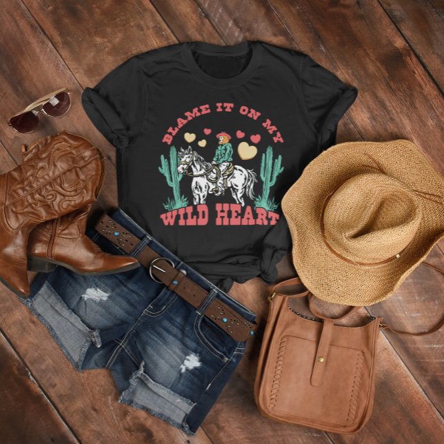 Blame it on my Wild Heart Horse and Woman T-Shirt (Blame it on my Wild Heart T-Shirt, Cowboy Style, Retro Style)