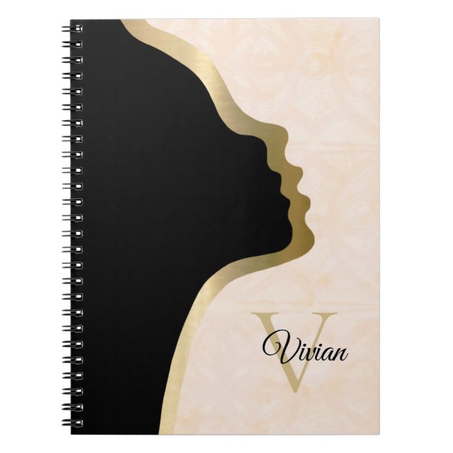 Blanc Cream Batik Black And Gold Face Name Notebook (Front)