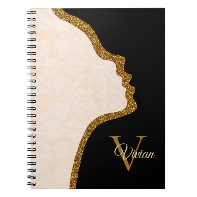 Blanc Cream Black And Gold Glitter Face Notebook (Front)