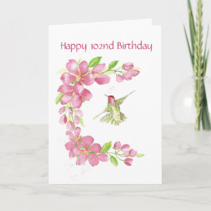 Blank 102nd Birthday Cherry Blossom & Hummingbird Card