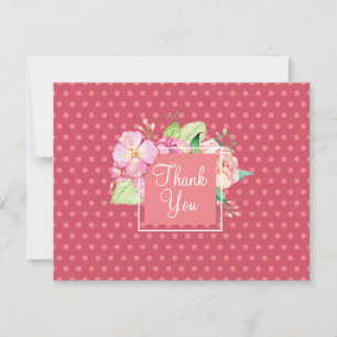 Blank Back Thank You Pink Dots & Coral Floral Card