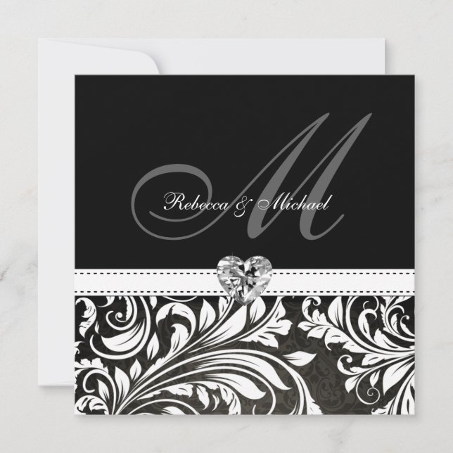 Blank Black and White Damask Monogram Invitations (Front)