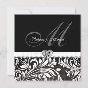 Blank Black and White Damask Monogram Invitations