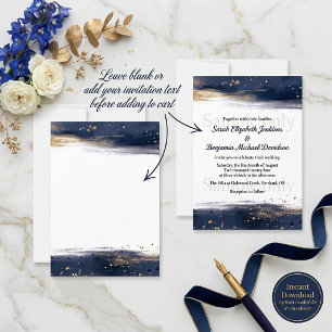 Blank budget blue and gold brushstrokes wedding invitation