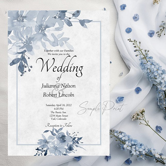 Blank budget Blue watercolor floral wedding  Invit Invitation (Creator Uploaded)