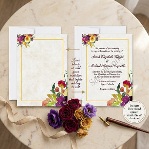 Blank budget Burgundy and yellow  floral wedding   Invitation