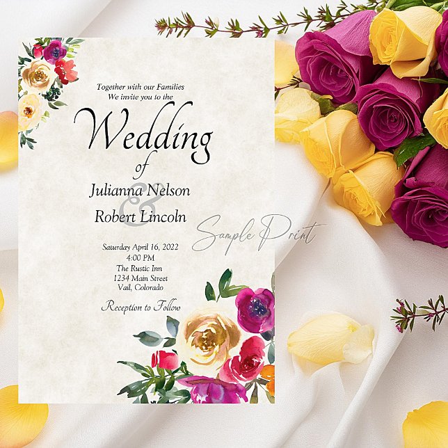 Blank budget lemon and magenta floral wedding invitation (Creator Uploaded)