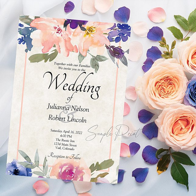 Blank budget Orange and blue floral wedding  Invit Invitation (Creator Uploaded)