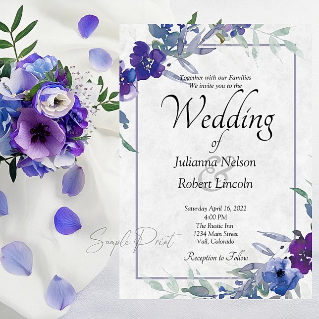 Blank budget Purple and blue floral wedding  Invit Invitation (Creator Uploaded)