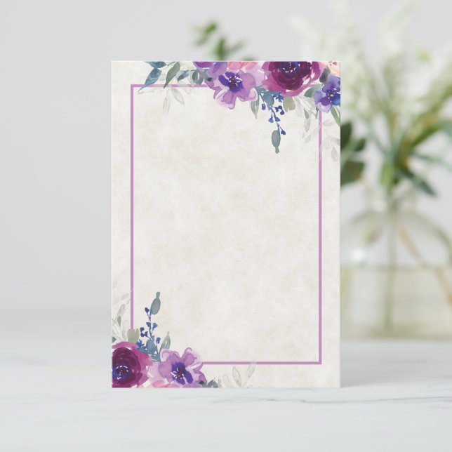 Blank budget  purple and mauve floral  wedding  in invitation (Standing Front)
