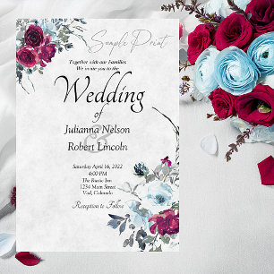 Blank Burgundy and blue watercolor floral wedding  Invitation
