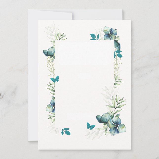 Blank Card -blue green floral and butterfly motif (Front)