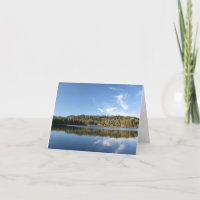 Blank Card, Mountain Lake, Forest, Cabins Blue Sky