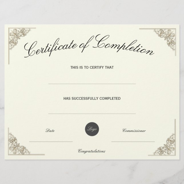 Blank Certificate of Completion w/ Custom Logo (Front)