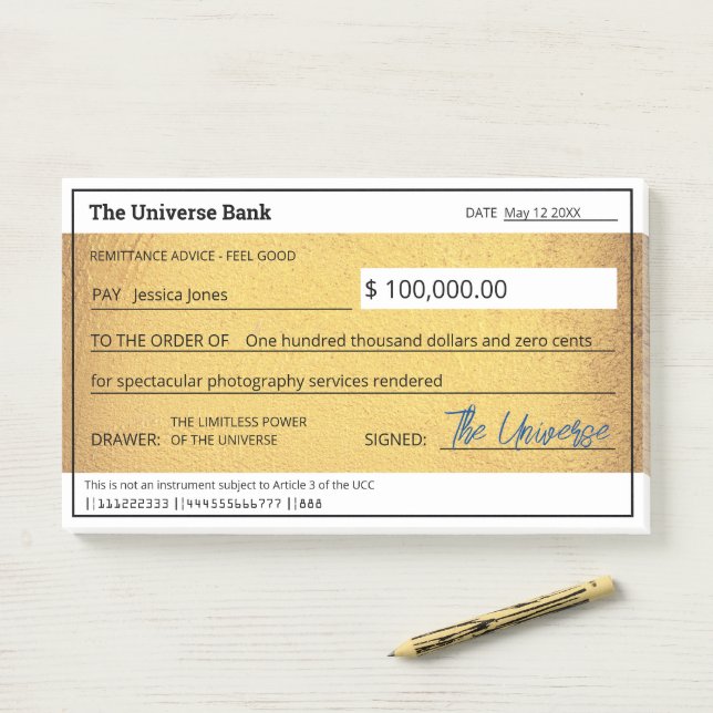 Blank Check Gold Law of Attraction Manifestation Post-it Notes (On Desk)