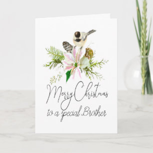 Blank Christmas Chickadee Bird Pointsettia Brother Card