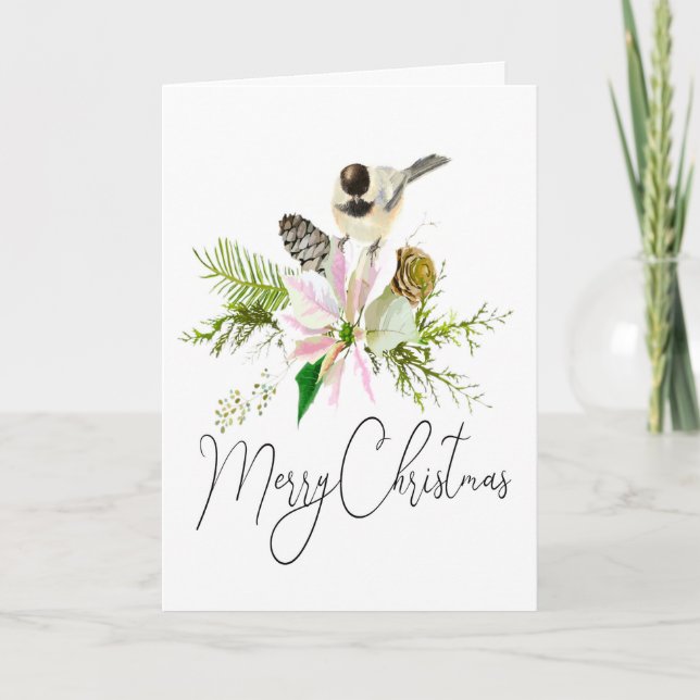 Blank Christmas Chickadee Bird Pointsettia Card (Front)