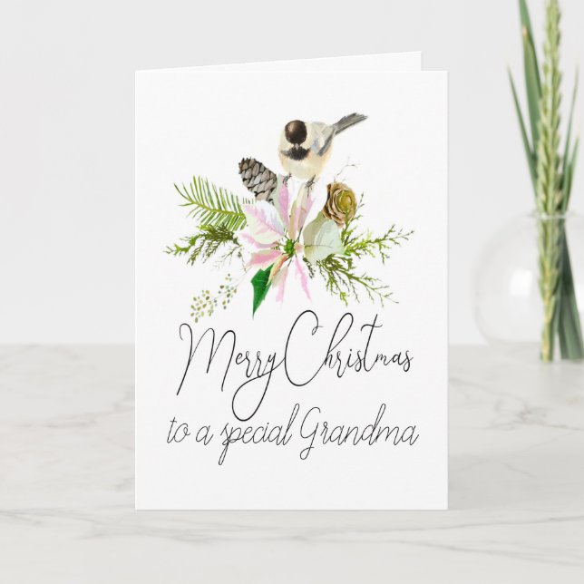 Blank Christmas Chickadee Bird Pointsettia Grandma Card (Front)