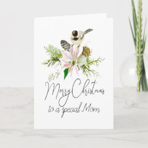 Blank Christmas Chickadee Bird Pointsettia Mum Card