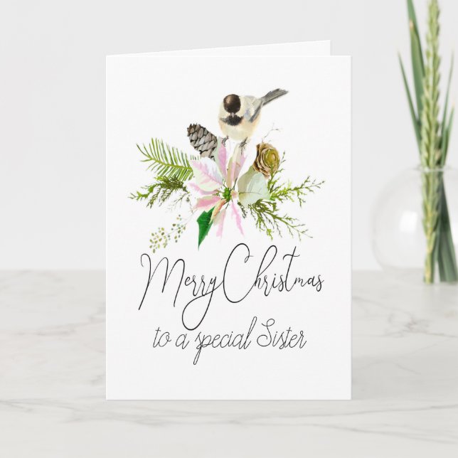 Blank Christmas Chickadee Bird Pointsettia Sister Card (Front)