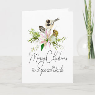 Blank Christmas Chickadee Bird Pointsettia Uncle Card