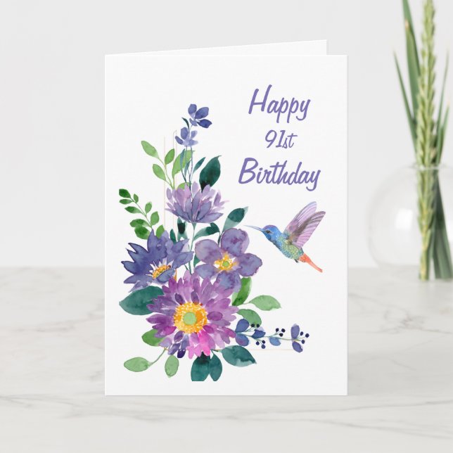 Blank Custom 91 Birthday Hummingbird Garden Flower Card (Front)