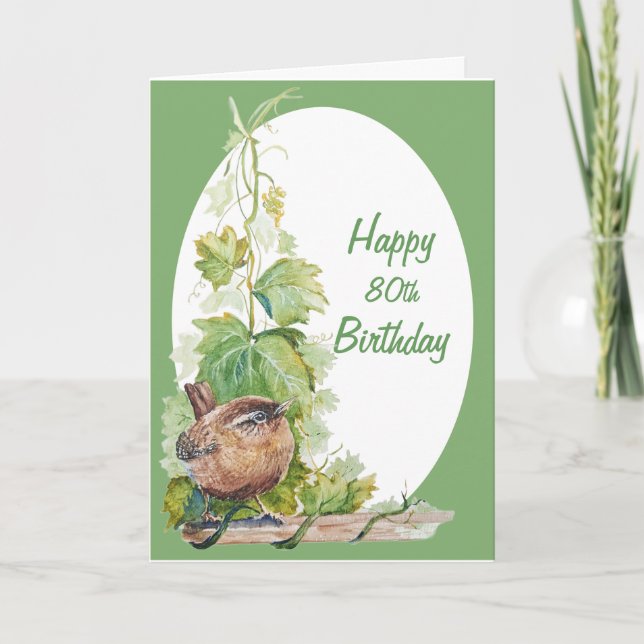 Blank Custom Age Birthday Wren Bird in Vineyard Card (Front)