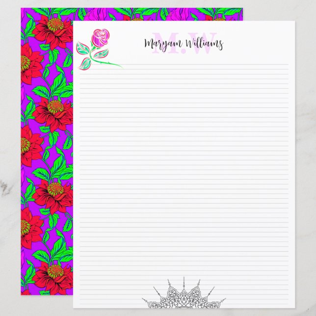 Blank Cute Floral Monogram Name Stationery Paper (Front/Back)