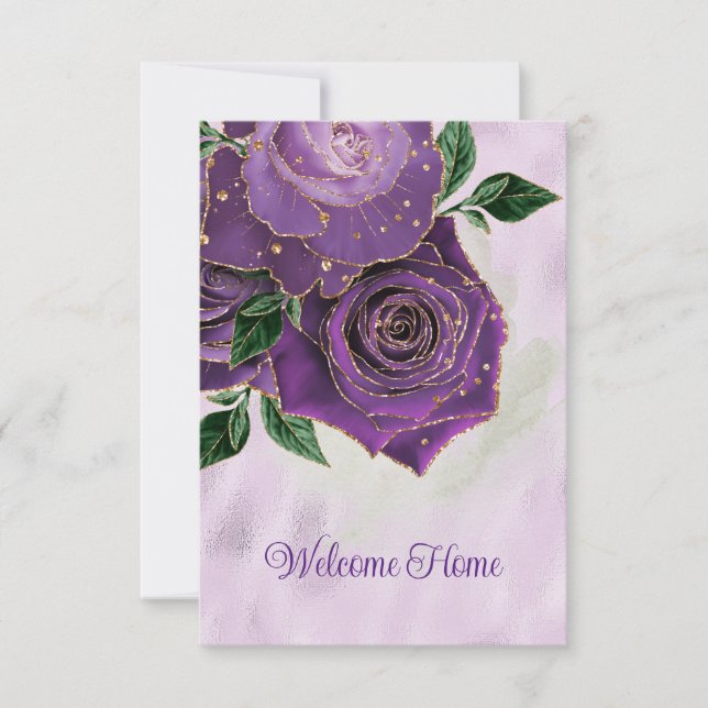 Blank Glamourous Gold and Purple Roses Welcome Hom Announcement (Front)