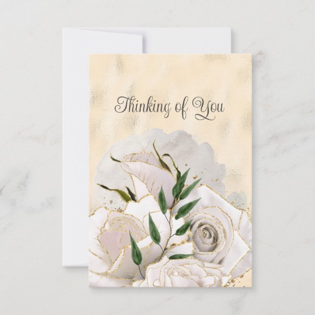 Blank Glamourous Gold White Roses Thinking of You Announcement (Front)