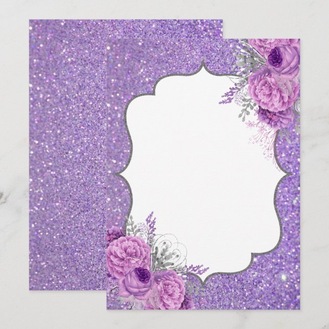 Blank Glitter Purple Floral Invitation (Front/Back)