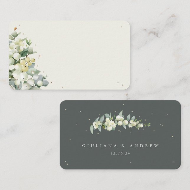 Blank Green/Cream Snowberry+Eucalyptus Wedding Place Card (Front/Back)