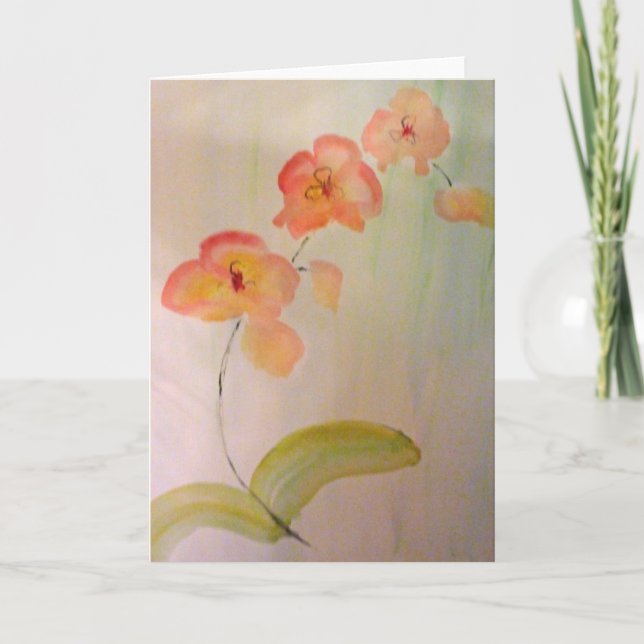 Blank greeting card watercolor of peach orchid (Front)