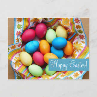 Blank - "Happy Easter" Colourful Eggs & Flowers Holiday Postcard