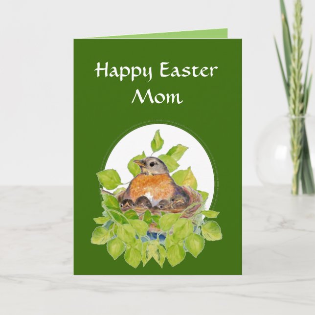 Blank Happy Easter Mum, Mother Robin on Nest Holiday Card (Front)