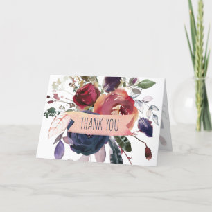 Blank Inside Elegant Boho Burgundy Navy Floral Thank You Card