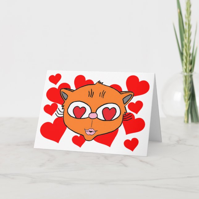 Blank Inside Puckered lips kitten with hearts Card (Front)