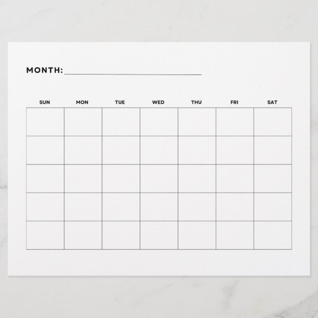 Blank Monthly Calendar Landscape 5 Weeks 8.5 x 11 Flyer (Front)