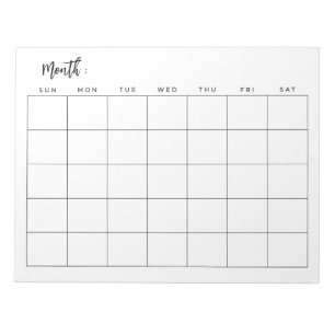 Blank monthly calendar notepad