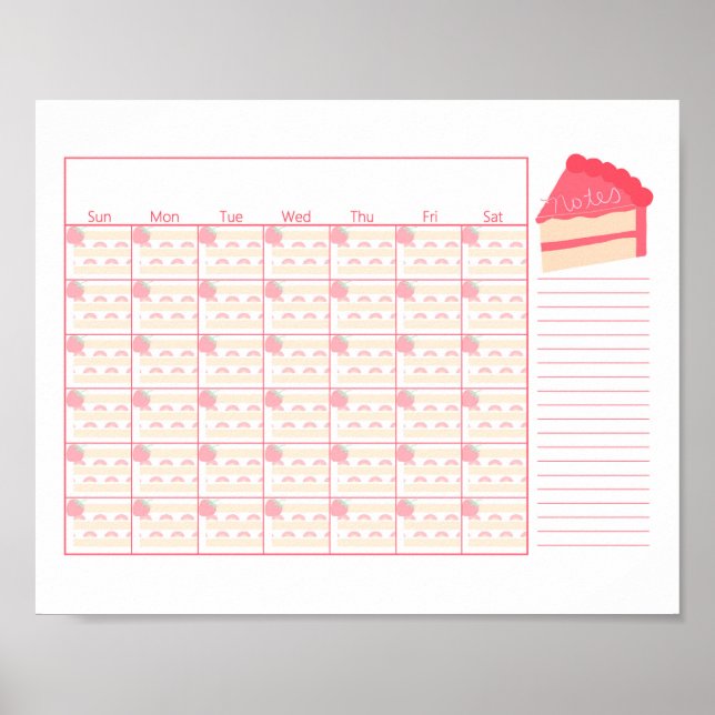 Blank Monthly Calendar Strawberry Cake Theme Poster (Front)